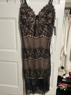 Morgan & Co. Black Lace Midi Dress over Nude Slip